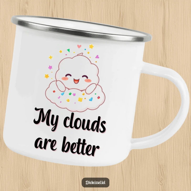 Funny camping mug illustration of a fluffy cloud character joyfully raining colorful stickers during an outdoor adventure.