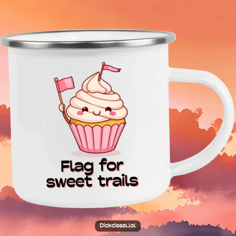 Funny enamel camping mug featuring a playful cupcake character waving a flag, perfect for outdoor enthusiasts, an excellent funny gift.