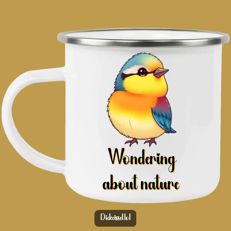 Funny Curious Plump Bird Camping Mug: Vibrant Head Tilt Cup, Humorous Gift