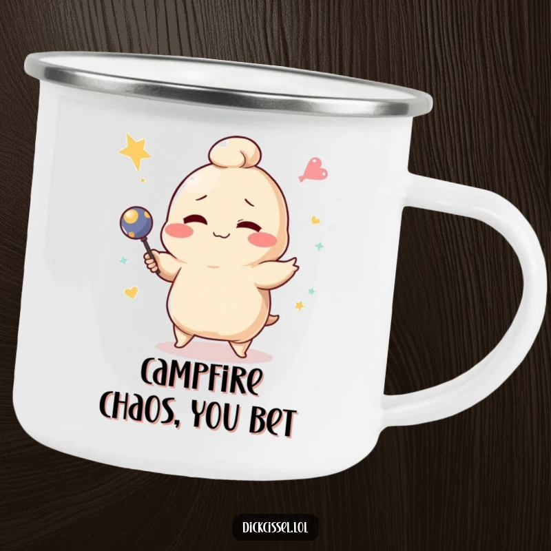 Funny winking dumpling character failing at juggling on a sturdy camping mug, ready for outdoor laughs.
