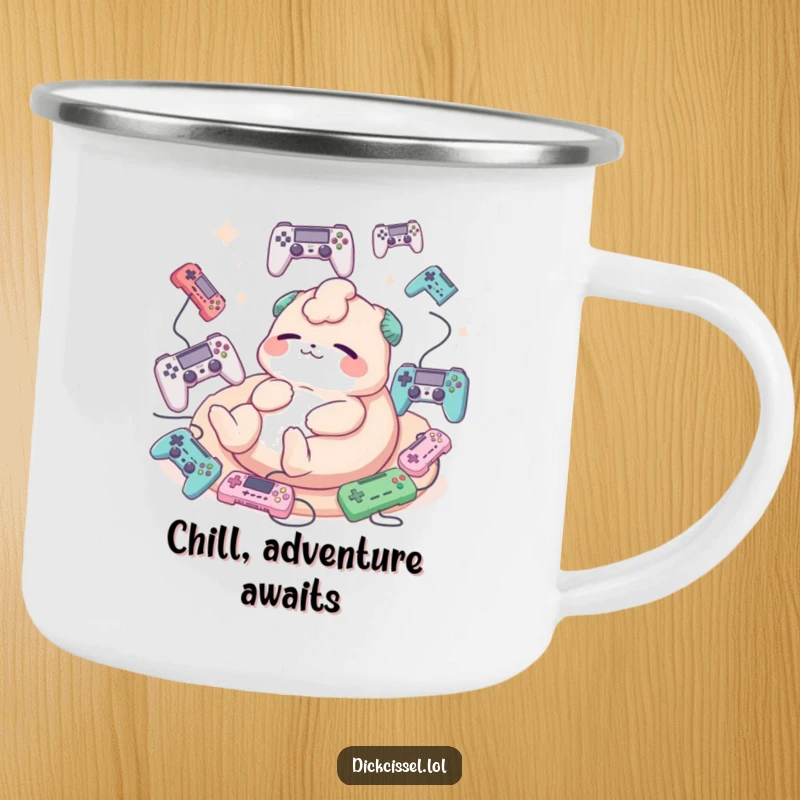 Funny camping mug showing a creature happily lounging, surrounded by floating game controllers.