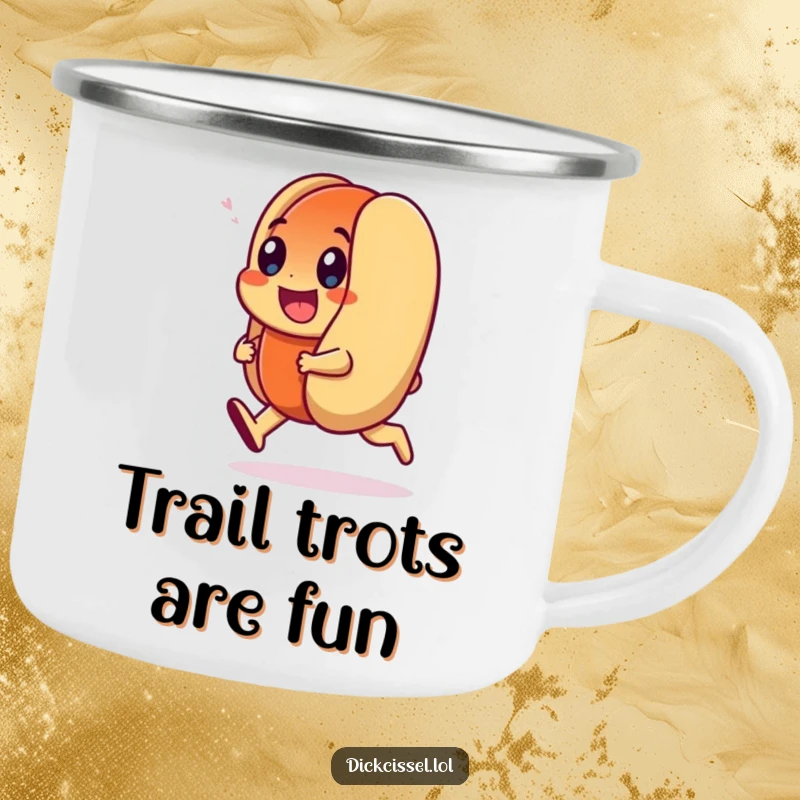 Funny Camping Mug featuring a smiling hot dog character doing a happy trot, durable for outdoor use and spreading cheerful vibes.