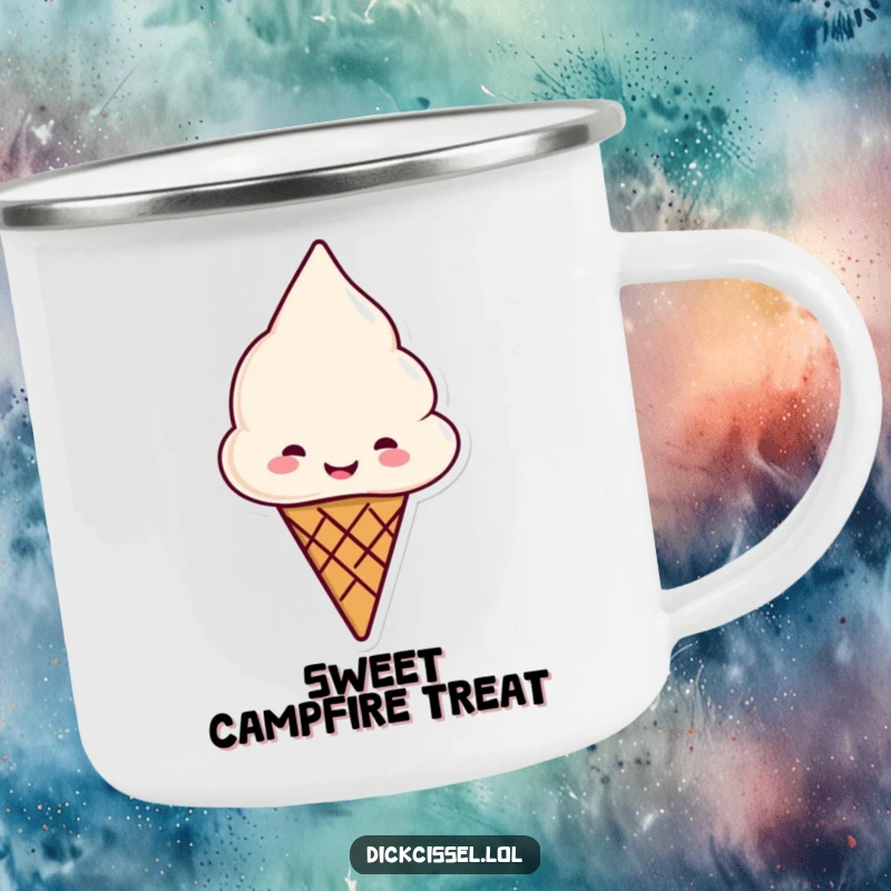 Funny ice cream cone camping mug, smiling and offering a cone, for sweet outdoor sips.