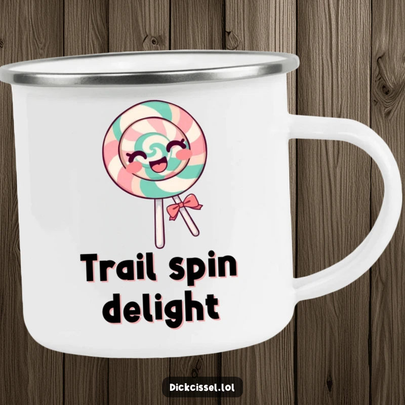 Funny lollipop camping mug featuring a cheerful lollipop spinning with pure glee, perfect for adding joyful fun to outdoor drinks.