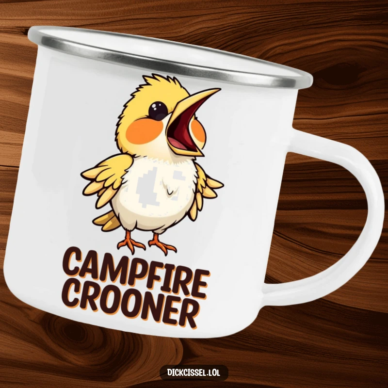 Funny camping mug featuring a bird singing opera with its beak wide open. Rugged and amusing.
