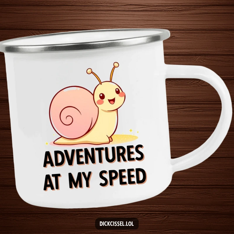 Funny camping mug featuring a happy snail character leaving a shimmering sparkly trail, built for outdoor adventures.