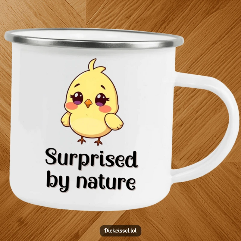 Funny enamel camping mug featuring a tiny bird character looking surprised with wings slightly askew.