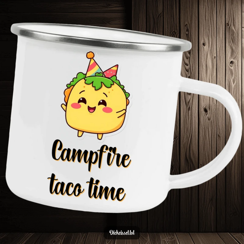 Funny taco character camping mug with a party hat, celebrating joyfully, for outdoor fiestas.