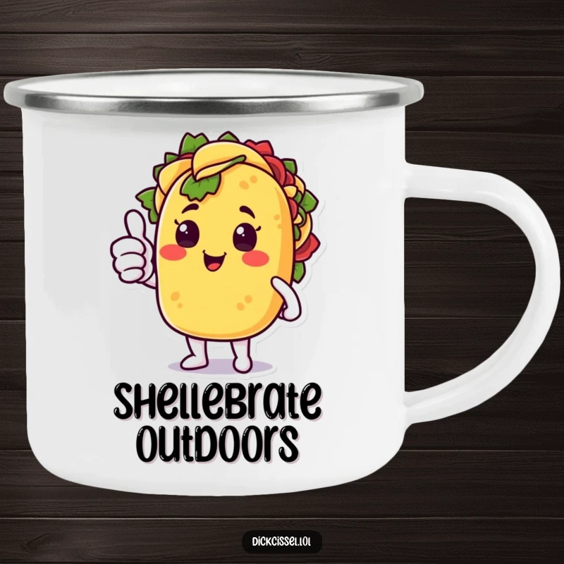 Funny camping mug showing a happy taco character giving a surprised thumbs up, ideal for outdoor adventures.