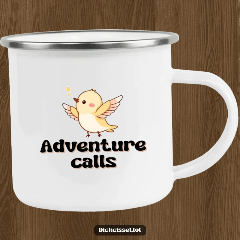 Funny camping mug featuring a tiny bird soaring joyfully, wings outstretched, perfect for outdoor enthusiasts. Durable enamel.
