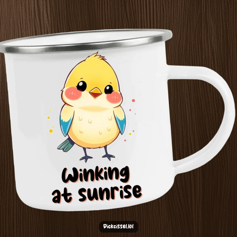 Funny enamel camping mug featuring a colorful dickcissel bird shape with a bright splash of color, giving a wink.