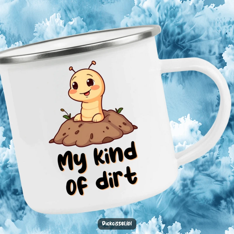 Funny camping mug depicting a mischievous worm character popping its head out of a soil texture, for outdoor fun.