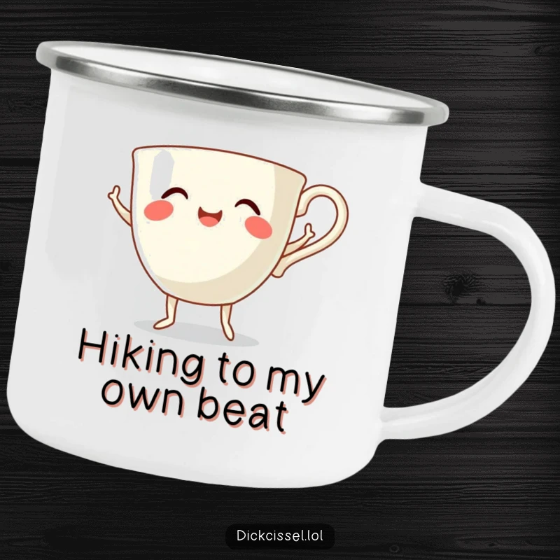 Funny dancing teacup camping mug showing a smiling teacup with tiny legs enthusiastically doing a happy dance, built for adventure.