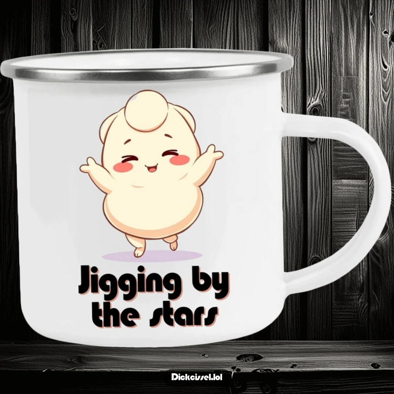 Funny enamel camping mug with a winking dumpling character doing a happy jig, perfect for outdoor fun and lively moments, an excellent funny gift.
