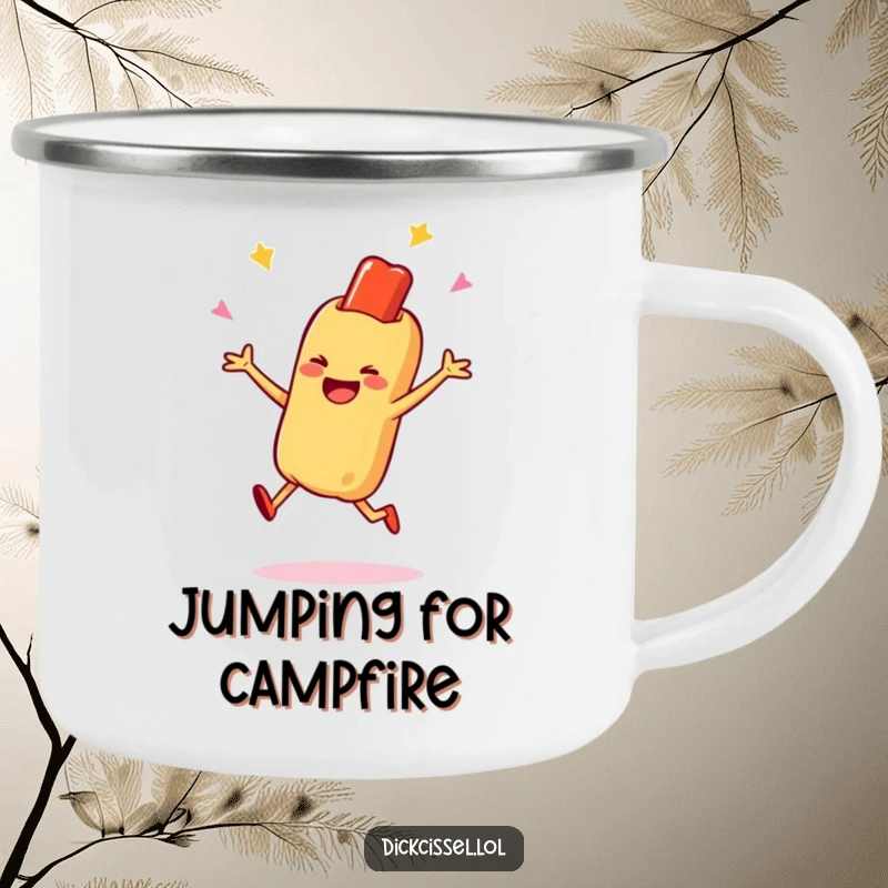 Funny enamel camping mug with a smiling hot dog character doing a happy jump, perfect for outdoor celebrations, an excellent funny gift.