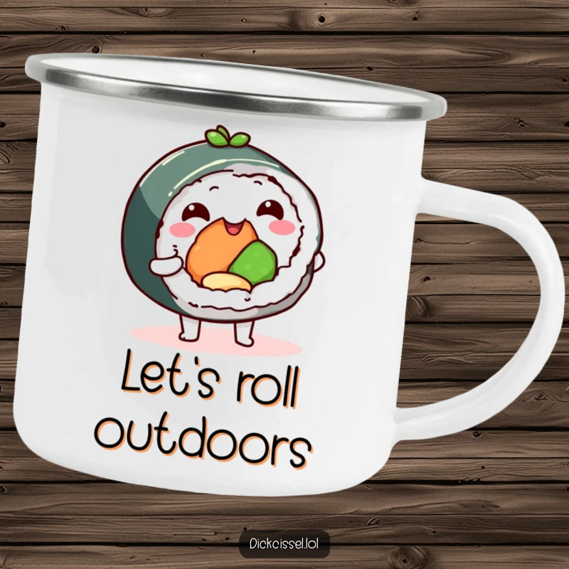 Funny sushi roll camping mug, happy character offering a delicious bite, ideal for outdoor coffee. A durable and humorous drinkware.