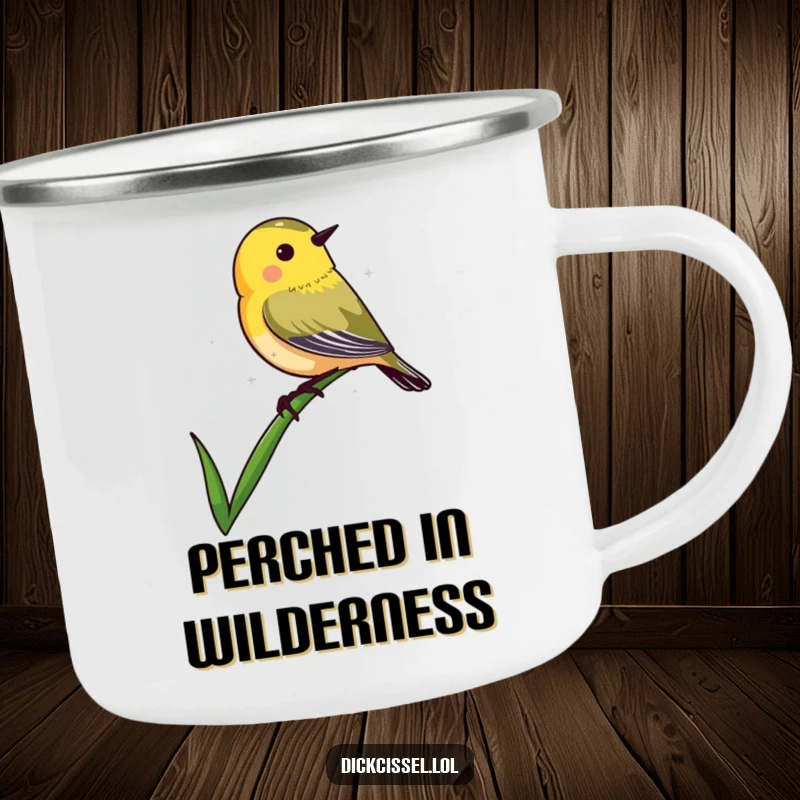 Funny enamel camping mug featuring a small dickcissel bird shape perched delicately on the tip of a blade of grass.