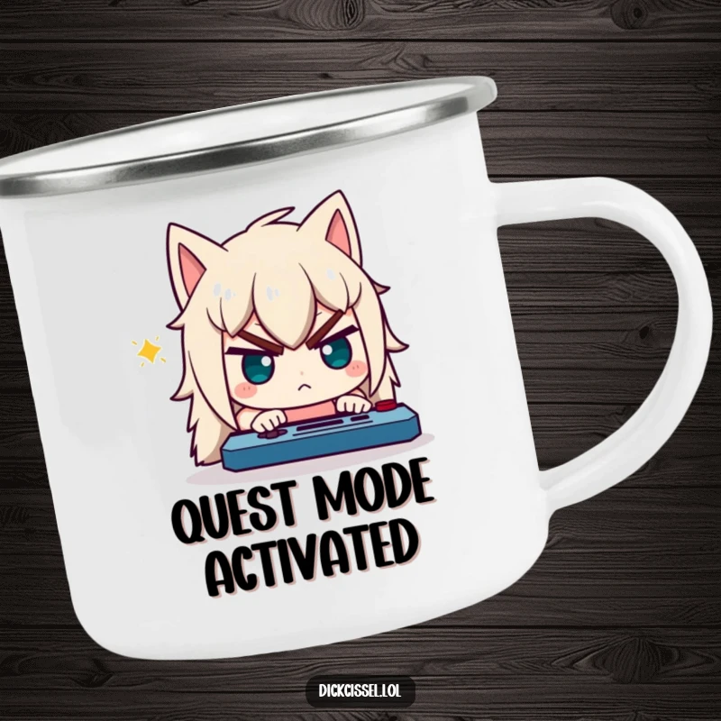 Funny camping mug showing a character with a comically determined expression, focused on playing a video game.