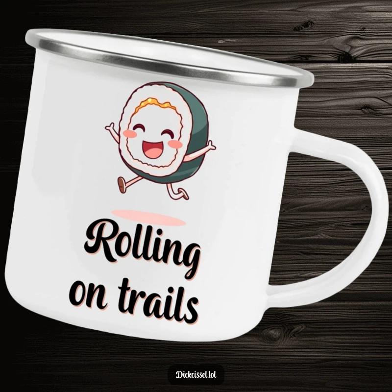 Funny camping mug with a smiling sushi roll performing a playful leap, perfect for outdoor enthusiasts.