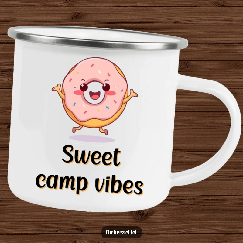 Funny camping mug with a cheerful doughnut character doing a happy jig, perfect for outdoor enjoyment.
