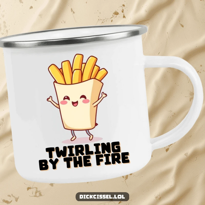 Funny enamel camping mug with a cheerful french fry character doing a grand twirl, perfect for outdoor fun and style, an excellent funny gift.