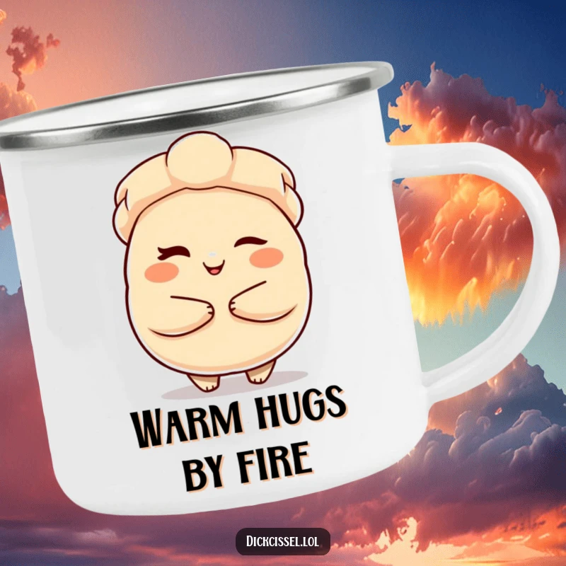 Funny Camping Mug featuring a winking dumpling character offering a warm embrace, durable for outdoor use and spreading cute cheer.