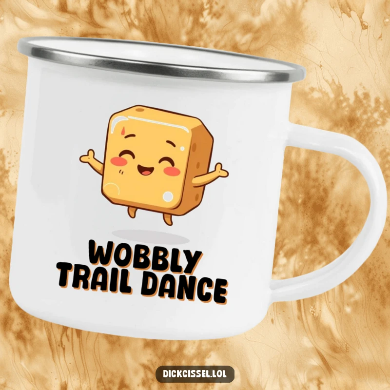 Funny Camping Mug showcasing a cheerful caramel cube doing a wobbly dance, perfect for outdoor enjoyment and spreading joy.