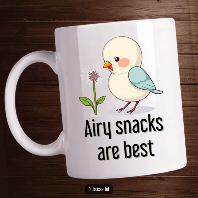 Funny bird mug showing a cute avian friend playfully pecking a fluffy dandelion seed head, bringing smiles.