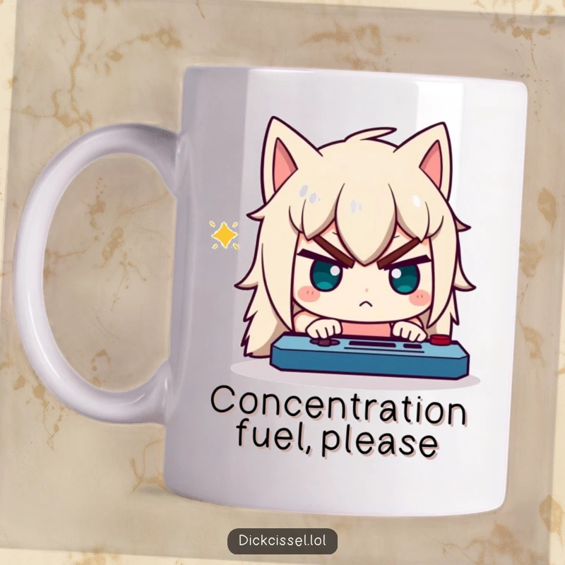 Funny mug showing a cartoon character with a highly determined, focused expression intensely playing a video game.