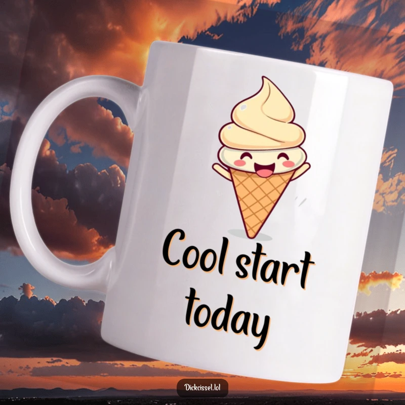 Funny mug with a gleeful ice cream cone doing a joyful spin, spreading happiness and sweet cheer.