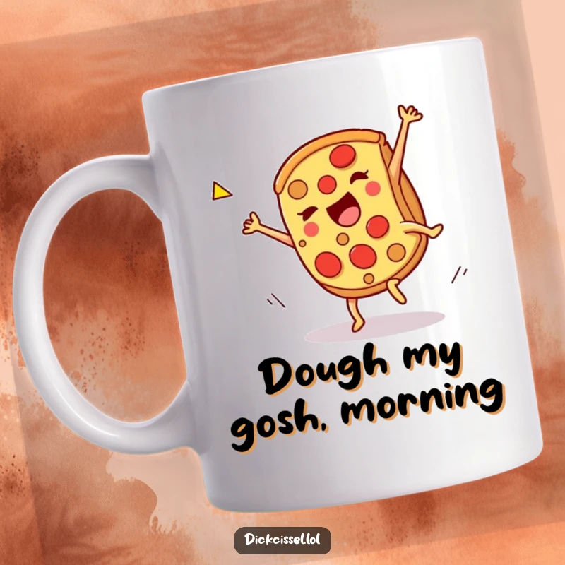 Funny pizza slice mug, doing a celebratory cartwheel, conveying pure joy and excitement. A delicious and energetic design.
