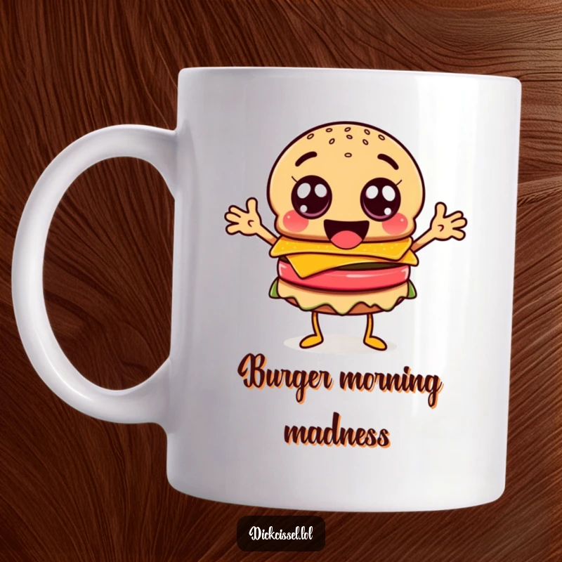 Funny happy burger character mug, with googly eyes and flailing arms, perfect for fun.