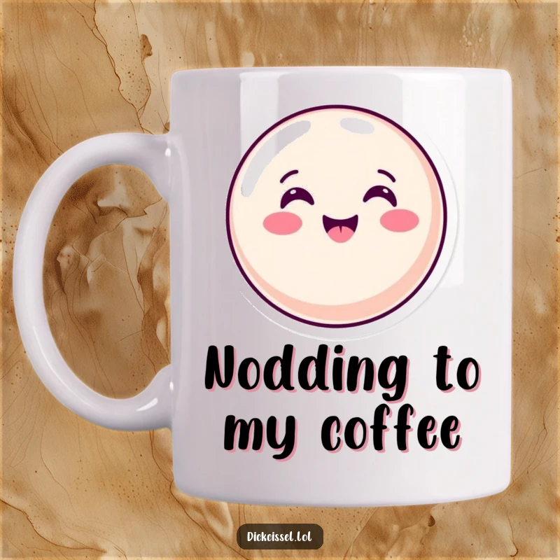 Funny Mug showing a delighted candy button giving a quick, enthusiastic nod, symbolizing agreement and cheerful positivity.