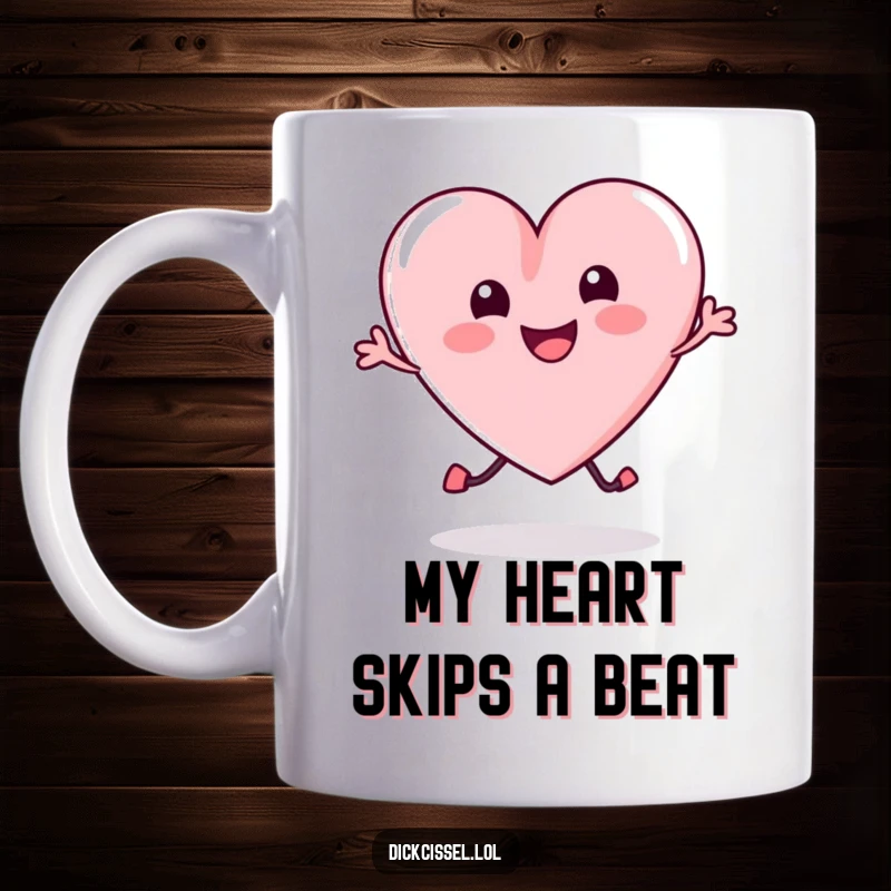Funny Mug featuring a vibrant, happy candy heart mid-bounce, radiating pure, infectious joy and playful energy.