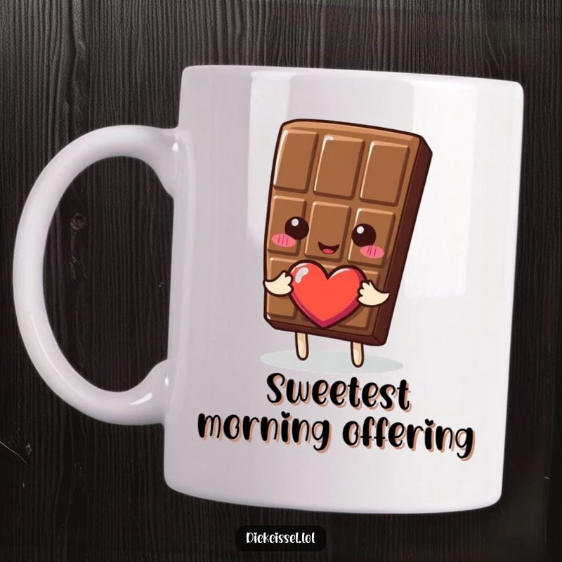 Funny Mug showing a smiling chocolate piece holding out a heart, symbolizing love, sweetness, and decadent joy.