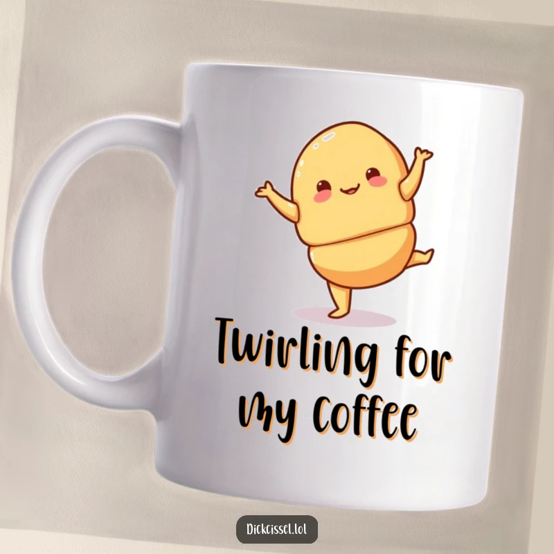 Funny croissant pirouette mug showing a playful croissant elegantly performing a jaunty turn, full of whimsical delight.