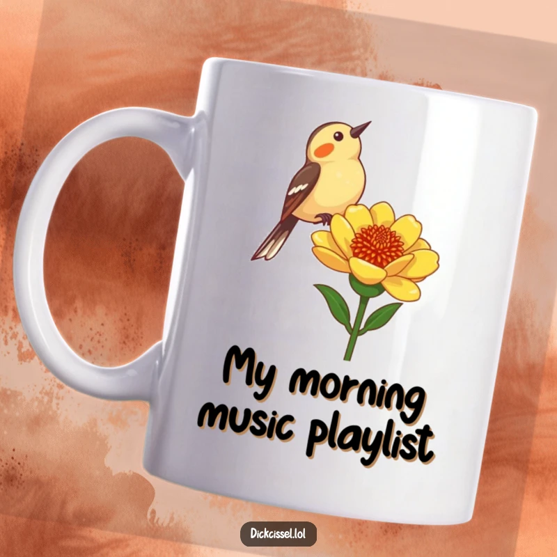 Funny Dickcissel Bird Mug: A cheerful dickcissel bird chirping expectantly from a vibrant flower stalk, bringing smiles.