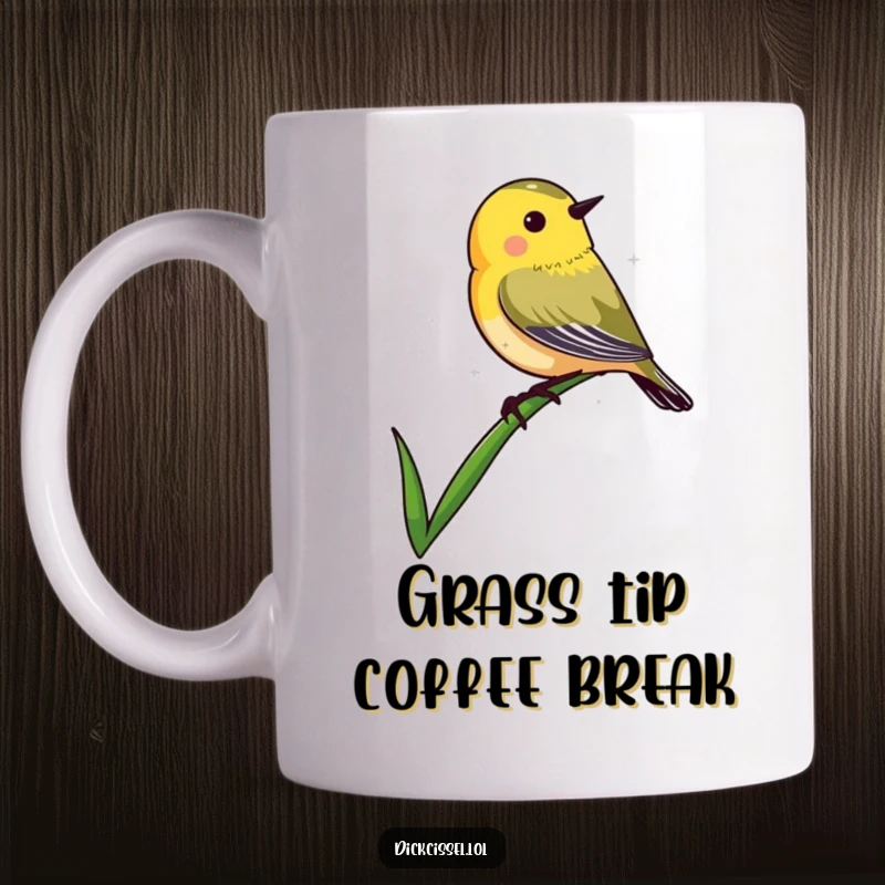 Funny ceramic mug featuring a dickcissel bird shape gracefully perching on the very tip of a blade of grass.