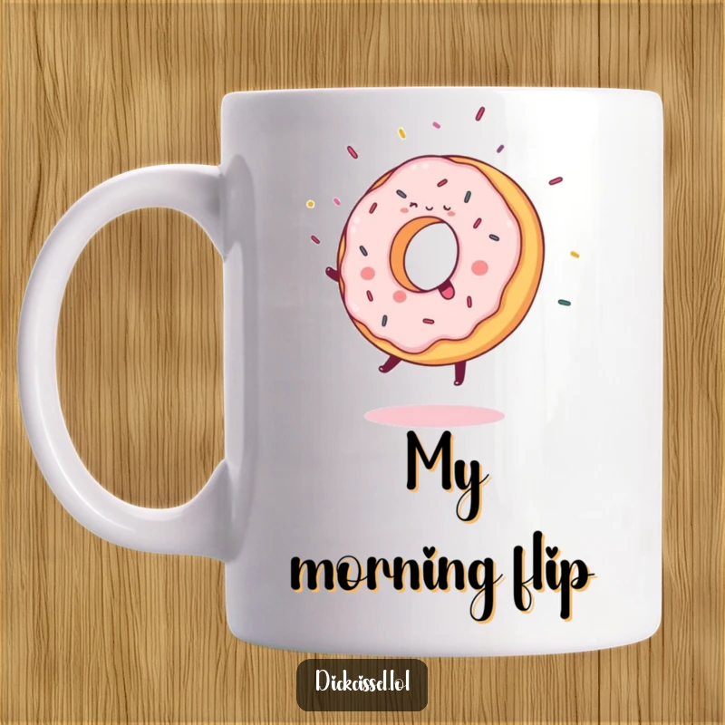 Funny Mug of a sweet donut joyfully doing a cartwheel, with colorful sprinkles flying through the air.