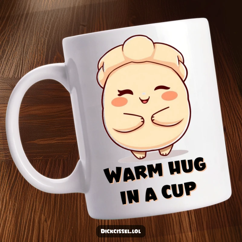Funny Mug featuring a winking dumpling character offering a warm, comforting embrace with a friendly and inviting expression.