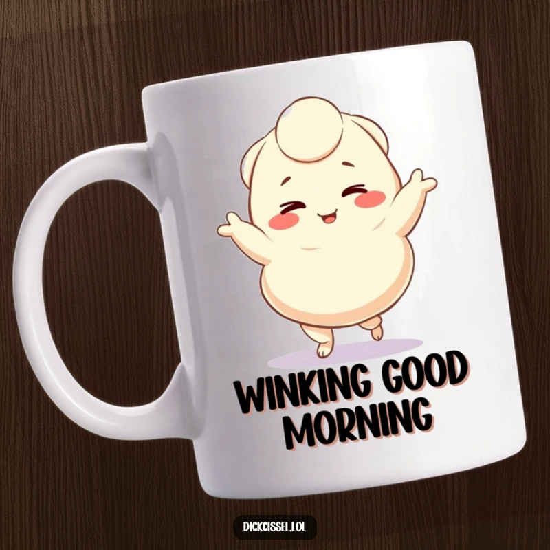 Funny dumpling character mug winking playfully while doing a delightful jig, radiating joy and irresistible charm, an ideal funny gift.