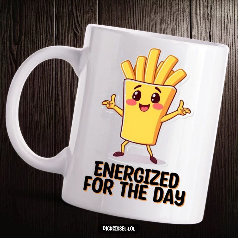 Funny Mug featuring a cheerful french fry character striking a dynamic and action-packed pose, full of personality.