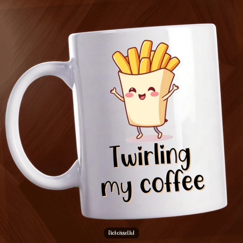 Funny french fry character mug giving a grand twirl with a cheerful expression, embodying fun and deliciousness, an ideal funny gift.
