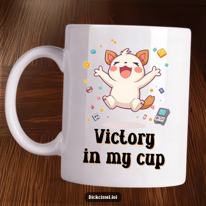 Funny creature jumping excitedly for joy, surrounded by tiny pixelated game icons, on a mug, representing gaming elation.