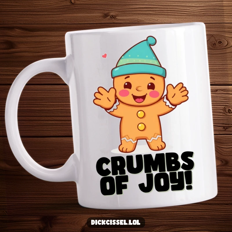 Funny mug featuring a happy gingerbread man character enthusiastically clapping with joy, embodying festive celebration.