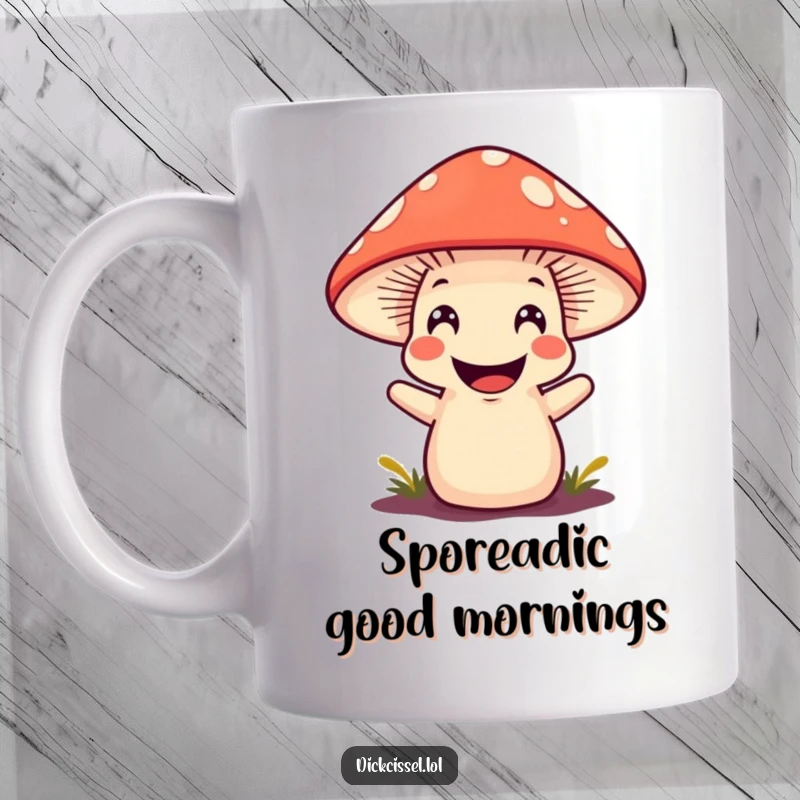 Funny happy mushroom character with a wide, infectious grin, emerging from the ground with playful energy.