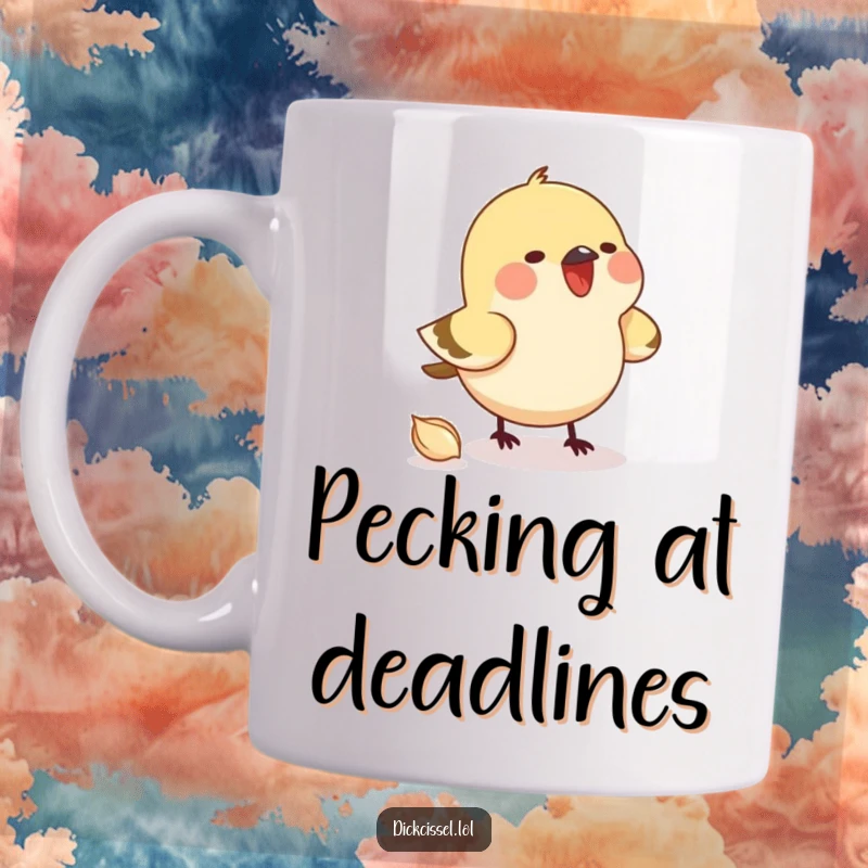 Funny mug featuring a small bird joyfully pecking at an unseen seed with intense focus. Adorable and amusing illustration.