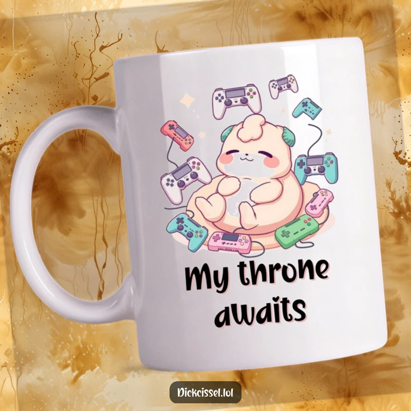 Funny mug showing a relaxed creature happily lounging, surrounded by a float of various game controllers.