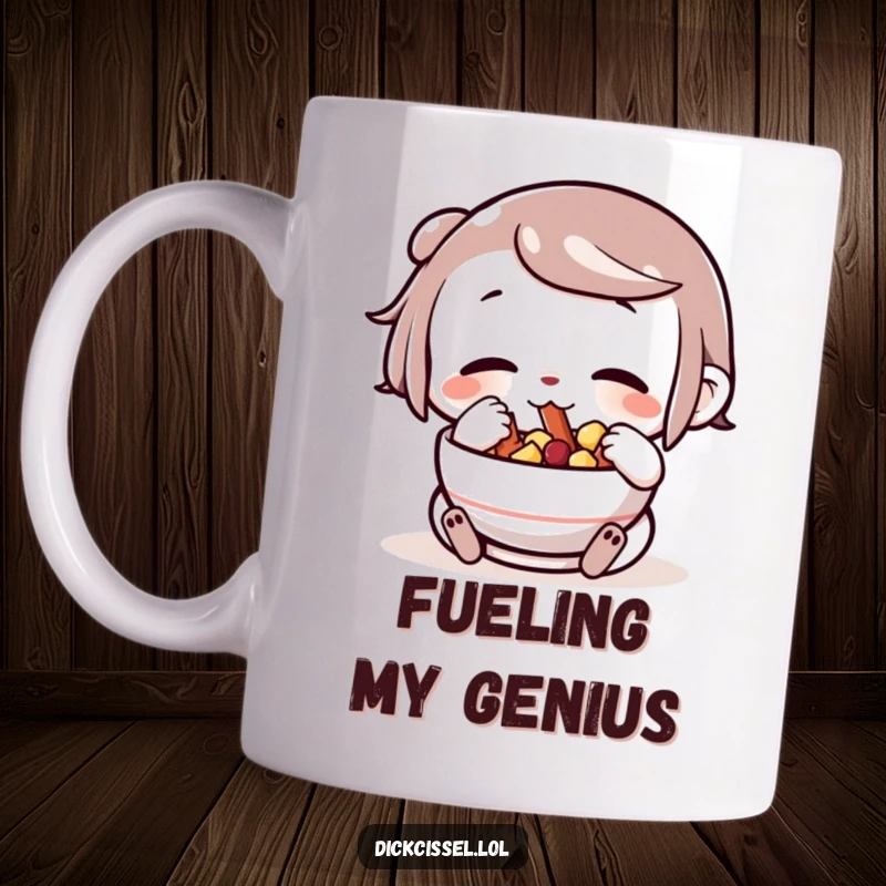 Funny character with cheeks comically stuffed full of various snacks from a bowl, on a mug, representing pure snack enjoyment.
