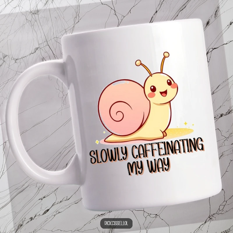 Funny mug featuring a cheerful snail character with a wide smile, leaving a bright, sparkly trail behind it on a white background.